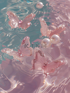 水池中珍珠水晶蝴蝶淡粉色插画