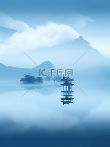 水中山景传统建筑中国风插画