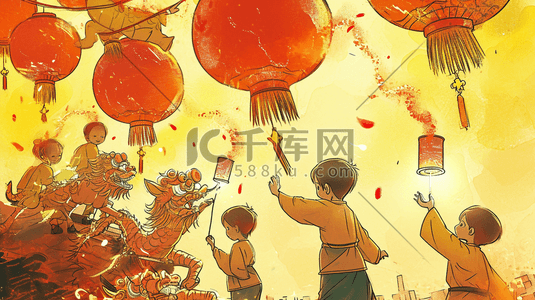 春节黄色灯笼插画图片_手绘中国龙年春节小孩子玩舞狮的插画3