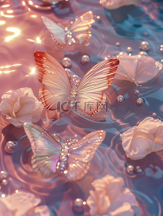 个人vip和企业vip免费下载插画水池中珍珠水晶蝴蝶淡粉色插画素材下载