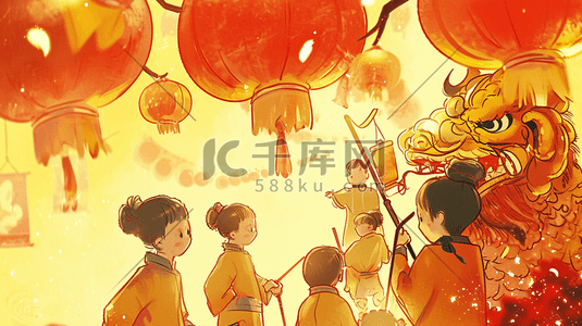 春节黄色灯笼插画图片_手绘中国龙年春节小孩子玩舞狮的插画9