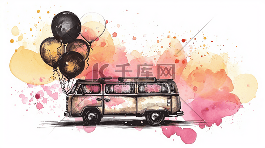 彩色晶格漫画插画图片_卡通漫画彩色汽车上有气球的插画6