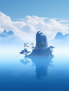 水中山景传统建筑中国风原创插画