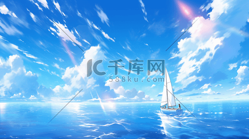 手绘蓝天白云下海上帆船的插画9