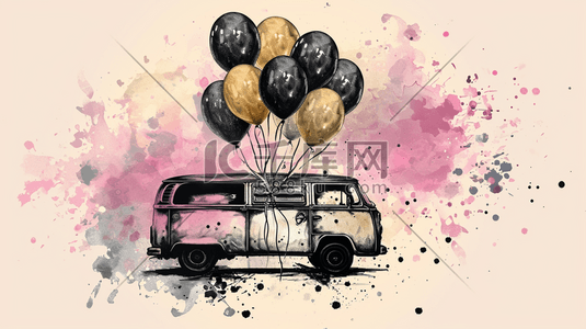彩色晶格漫画插画图片_卡通漫画彩色汽车上有气球的插画15