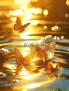 昆虫卡通插画图片_水面上闪闪发光橙色的蝴蝶素材