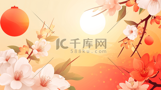 简约中式国画树枝灯笼风景的插画15