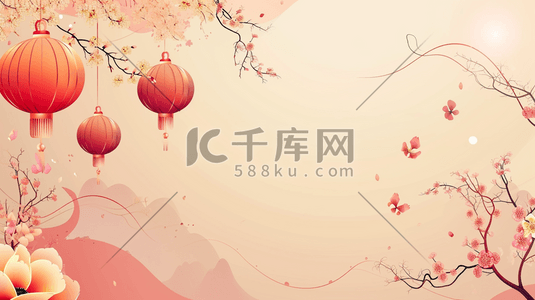 简约灯笼插画图片_简约中式国画树枝灯笼风景的插画19