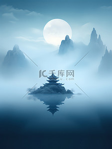 水中山景传统建筑中国风插画图片