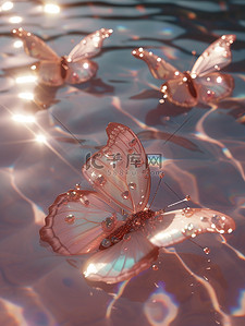 水池中珍珠水晶蝴蝶淡粉色插画图片