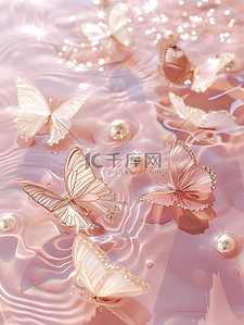 噴水池筆刷插画图片_水池中珍珠水晶蝴蝶淡粉色插画设计