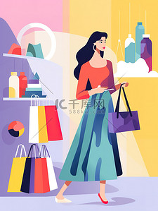 消费插画图片_女性在买化妆品和衣服插图