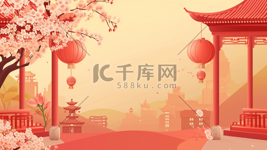 简约中式国画树枝灯笼风景的插画11