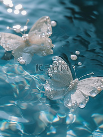 水面蝴蝶蓝色水晶风格插画素材