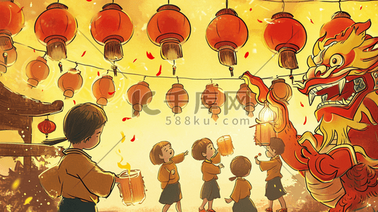 春节黄色灯笼插画图片_手绘中国龙年春节小孩子玩舞狮的插画1