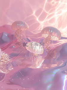 粉色的珍珠插画图片_珍珠和透明的水晶水母漂浮插图