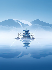 水中山景传统建筑中国风插画