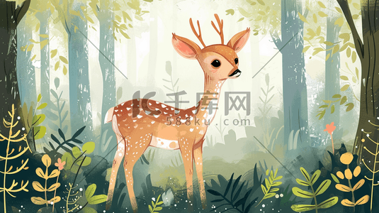自然呵护插画图片_手绘卡通森林里小鹿的插画4