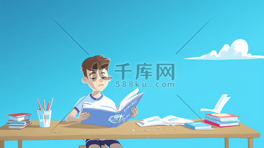 书本蓝色简约插画图片_扁平化男孩学习桌前看书的插画1