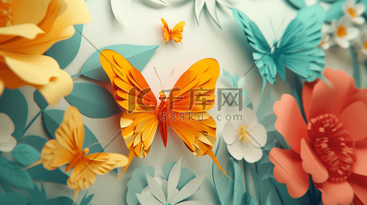 ppt模板折纸课插画图片_扁平化彩色折纸蝴蝶花朵的插画8