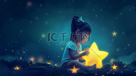 蓝色浪漫星空下女孩抱着星星的插画12
