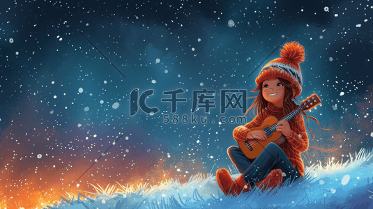 冬季星光下文艺女孩抱着吉他的插画9