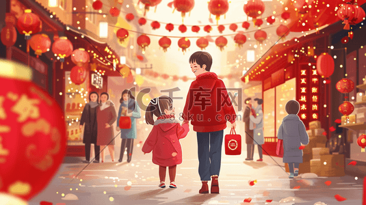 春节大街上行走的行人插画5