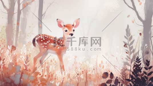 自然呵护插画图片_手绘卡通森林里小鹿的插画22