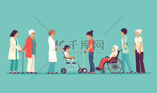 轮椅的老人插画图片_女护工照顾行动不便的老人