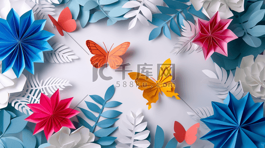 折纸红色插画图片_扁平化彩色折纸蝴蝶花朵的插画17