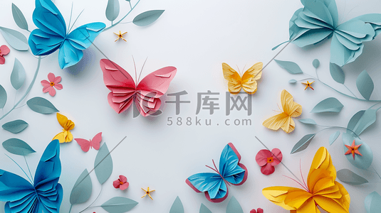 国风折纸风插画图片_扁平化彩色折纸蝴蝶花朵的插画1