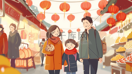 春节大街上行走的行人插画8