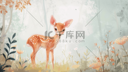 自然呵护插画图片_手绘卡通森林里小鹿的插画1