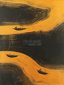 中国风纹理质感插画图片_中国风河中的一叶扁舟插画4