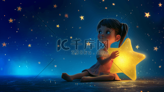 蓝色浪漫星空下女孩抱着星星的插画16
