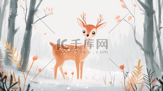自然呵护插画图片_手绘卡通森林里小鹿的插画10
