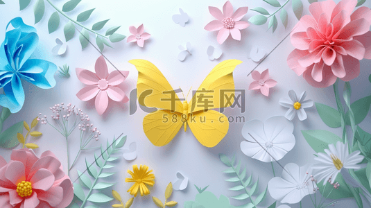 国风折纸风插画图片_扁平化彩色折纸蝴蝶花朵的插画19