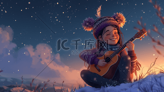 冬季星光下文艺女孩抱着吉他的插画4