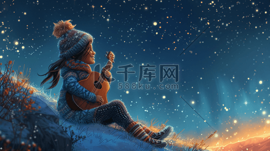 帽子冬季插画图片_冬季星光下文艺女孩抱着吉他的插画5