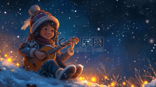 冬季星光下文艺女孩抱着吉他的插画12