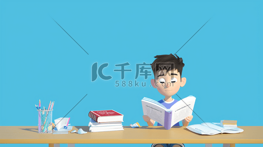 书本蓝色简约插画图片_扁平化男孩学习桌前看书的插画3