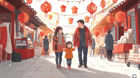 春节大街上行走的行人插画9