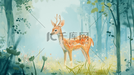 手绘卡通森林里小鹿的插画17
