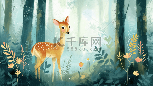 自然呵护插画图片_手绘卡通森林里小鹿的插画15