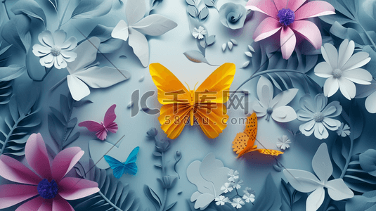 ppt模板折纸课插画图片_扁平化彩色折纸蝴蝶花朵的插画15