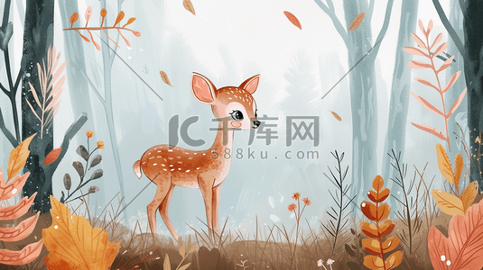 自然呵护插画图片_手绘卡通森林里小鹿的插画18