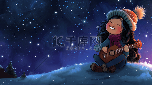 冬季星光下文艺女孩抱着吉他的插画17