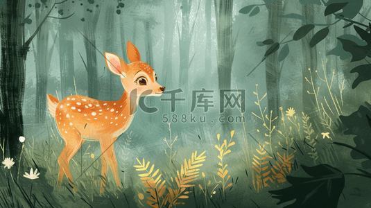 自然呵护插画图片_手绘卡通森林里小鹿的插画14