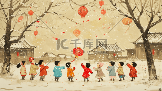 过年文字插画图片_冬季雪景过年小孩放鞭炮的插画10