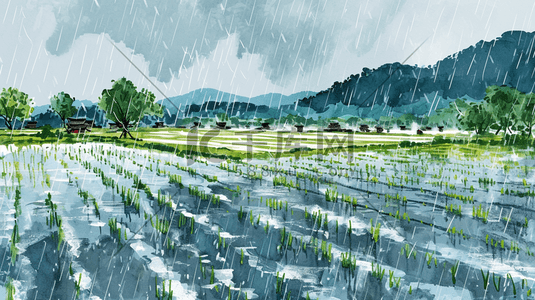 中式国画画风农民稻田里种田的插画10